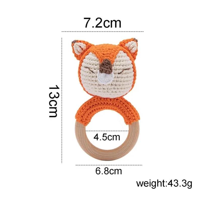 Baby Wooden Teether Rattle – Crochet Animal Newborn Toy - KinBuB
