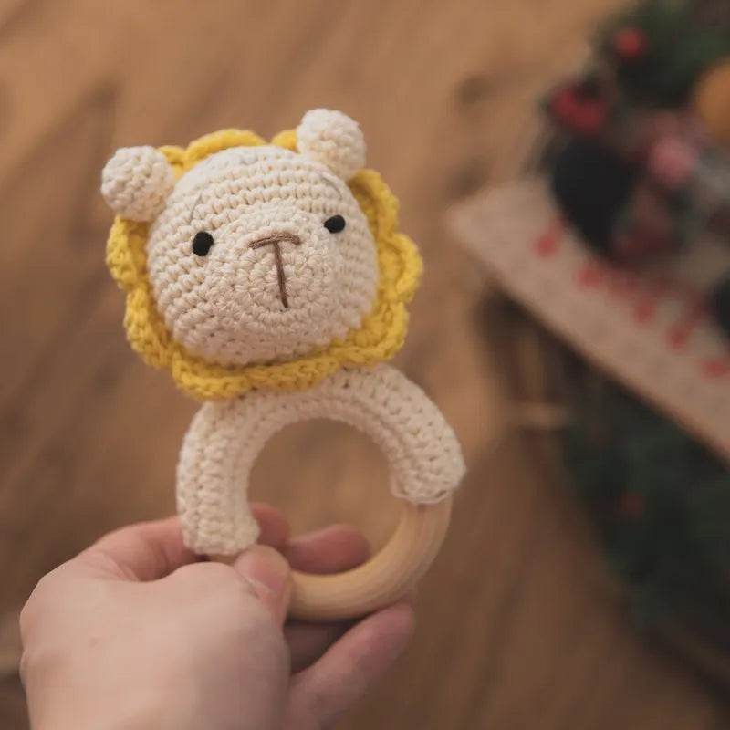 Baby Wooden Teether Rattle – Crochet Animal Newborn Toy - KinBuB