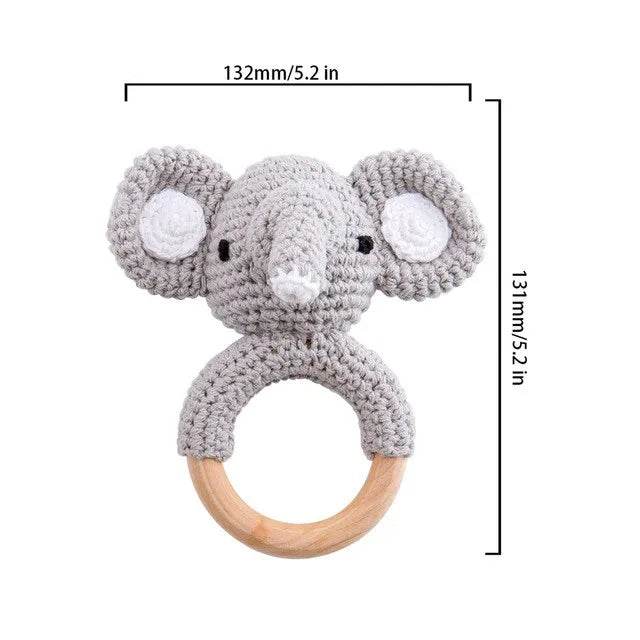 Baby Wooden Teether Rattle – Crochet Animal Newborn Toy - KinBuB