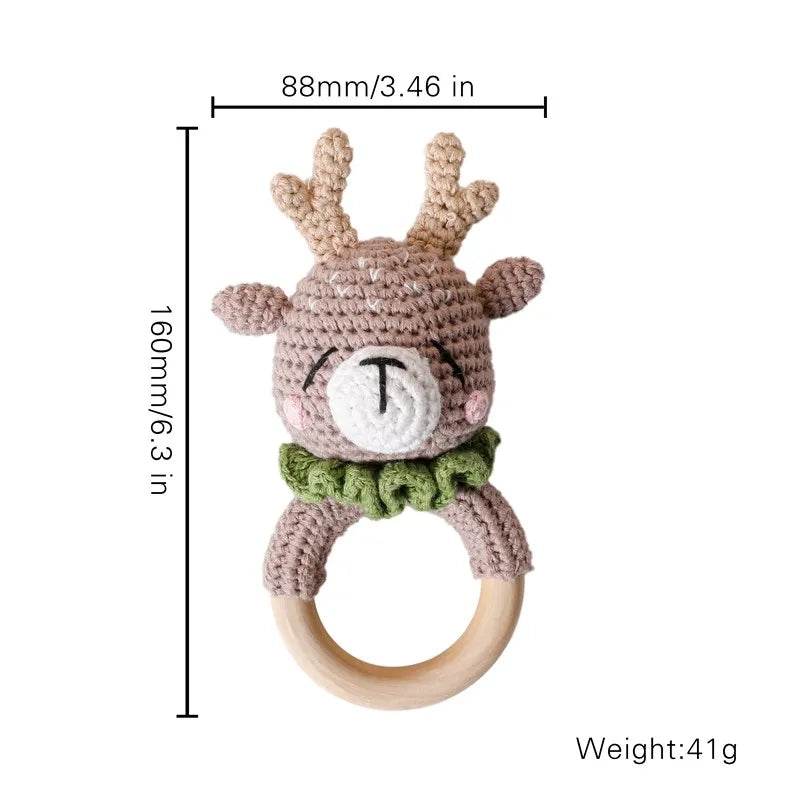 Baby Wooden Teether Rattle – Crochet Animal Newborn Toy - KinBuB