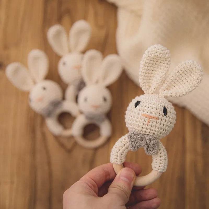 Baby Wooden Teether Rattle – Crochet Animal Newborn Toy - KinBuB