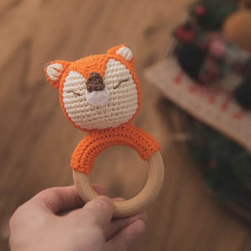 Baby Wooden Teether Rattle – Crochet Animal Newborn Toy - KinBuB