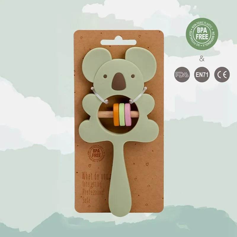 Baby Wooden Teether Rattle – Crochet Animal Newborn Toy - KinBuB
