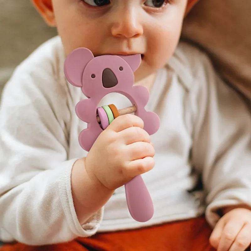 Baby Wooden Teether Rattle – Crochet Animal Newborn Toy - KinBuB