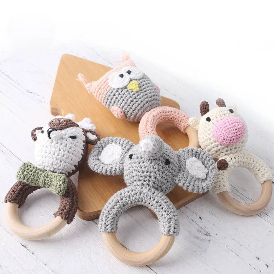 Baby Wooden Teether Rattle – Crochet Animal Newborn Toy - KinBuB
