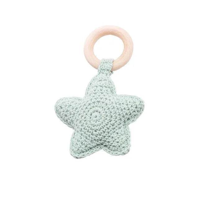 Baby Wooden Teether Rattle – Crochet Animal Newborn Toy - KinBuB