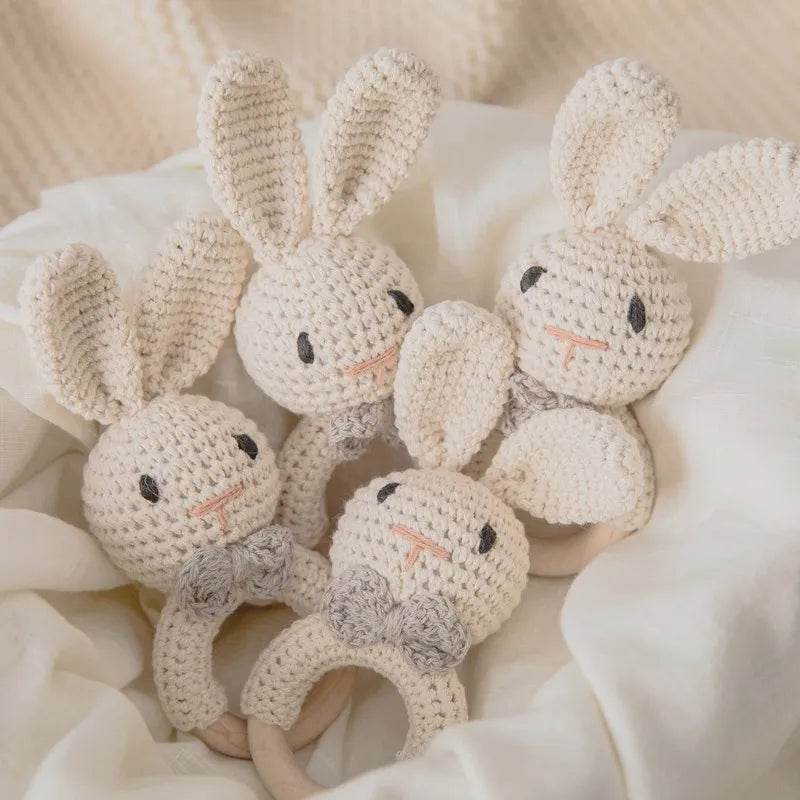 Baby Wooden Teether Rattle – Crochet Animal Newborn Toy - KinBuB