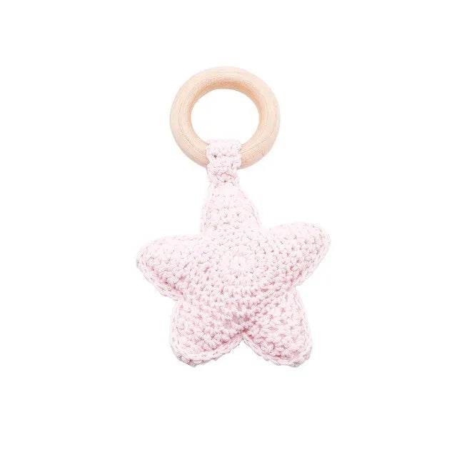 Baby Wooden Teether Rattle – Crochet Animal Newborn Toy - KinBuB