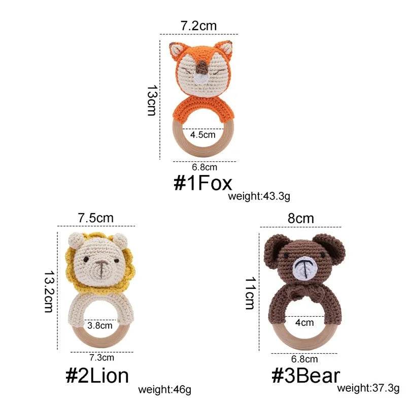 Baby Wooden Teether Rattle – Crochet Animal Newborn Toy - KinBuB