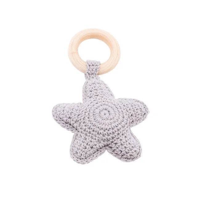 Baby Wooden Teether Rattle – Crochet Animal Newborn Toy - KinBuB