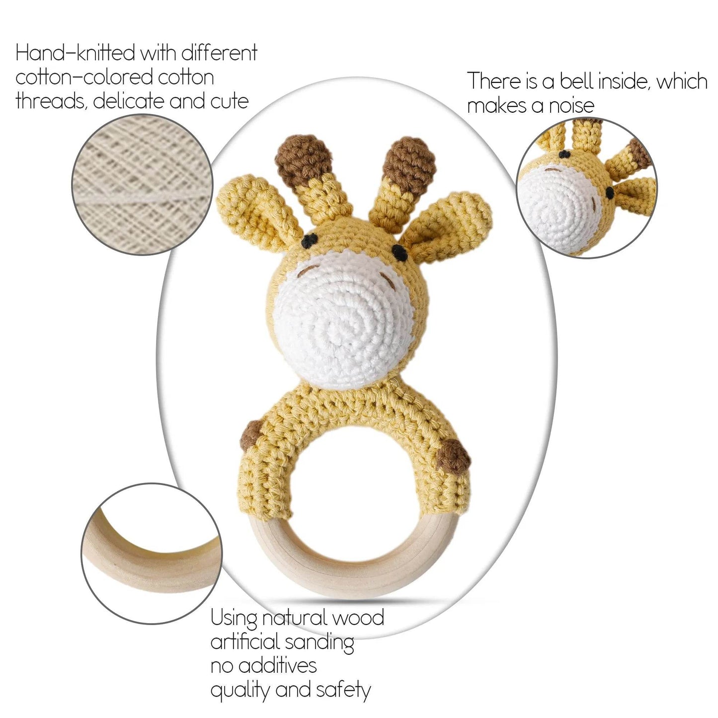 Baby Wooden Teether Rattle – Crochet Animal Newborn Toy - KinBuB
