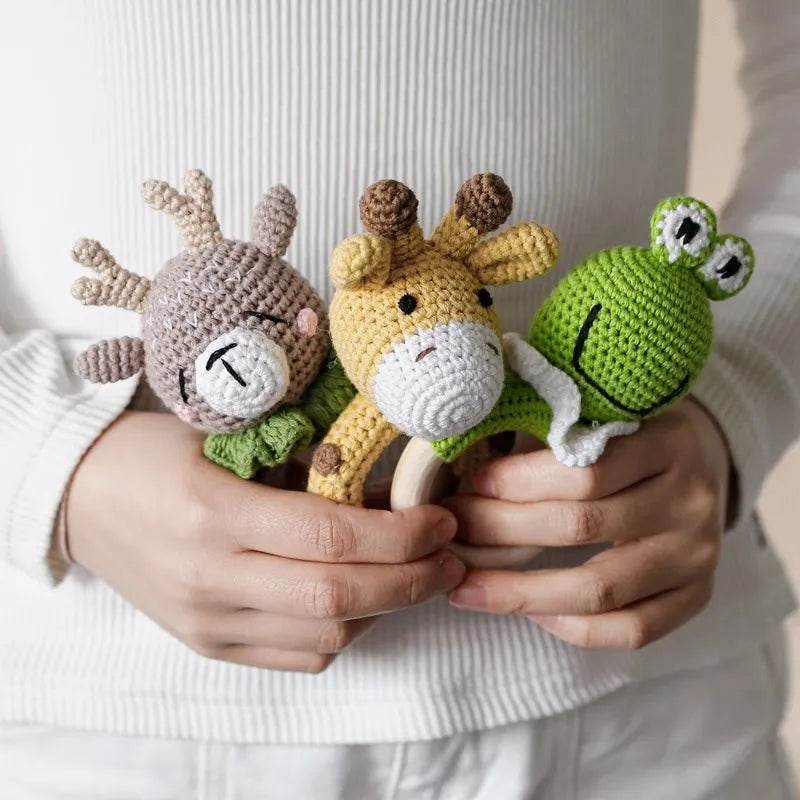 Baby Wooden Teether Rattle – Crochet Animal Newborn Toy - KinBuB