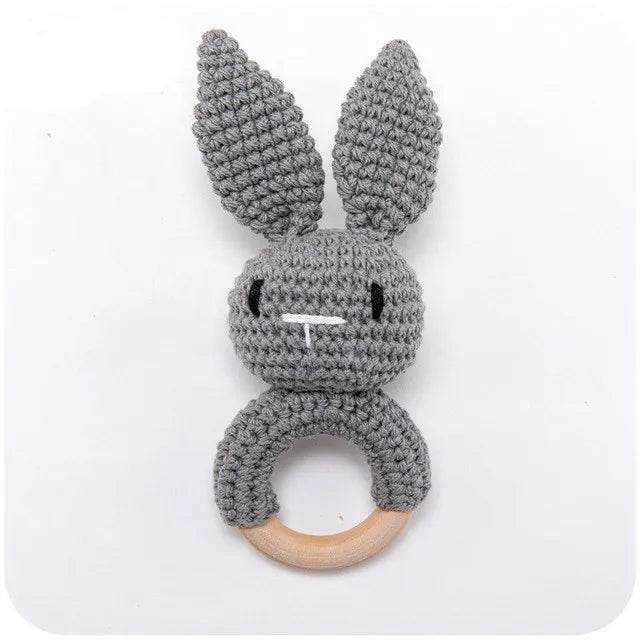 Baby Wooden Teether Rattle – Crochet Animal Newborn Toy - KinBuB