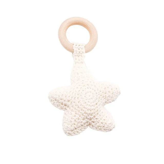 Baby Wooden Teether Rattle – Crochet Animal Newborn Toy - KinBuB
