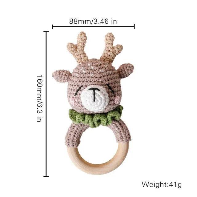 Baby Wooden Teether Rattle – Crochet Animal Newborn Toy - KinBuB