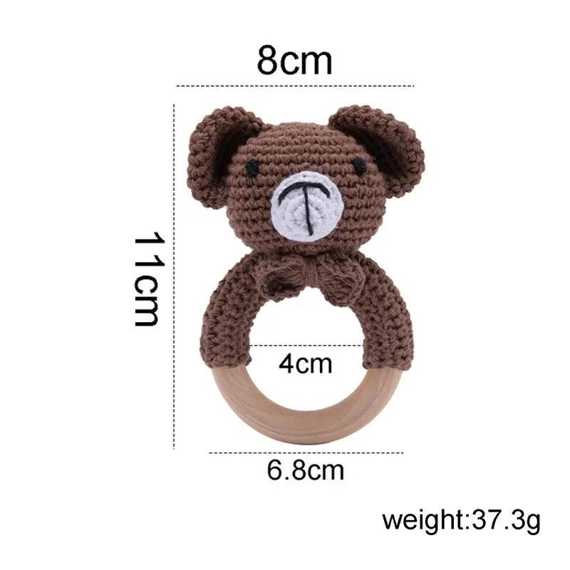 Baby Wooden Teether Rattle – Crochet Animal Newborn Toy - KinBuB