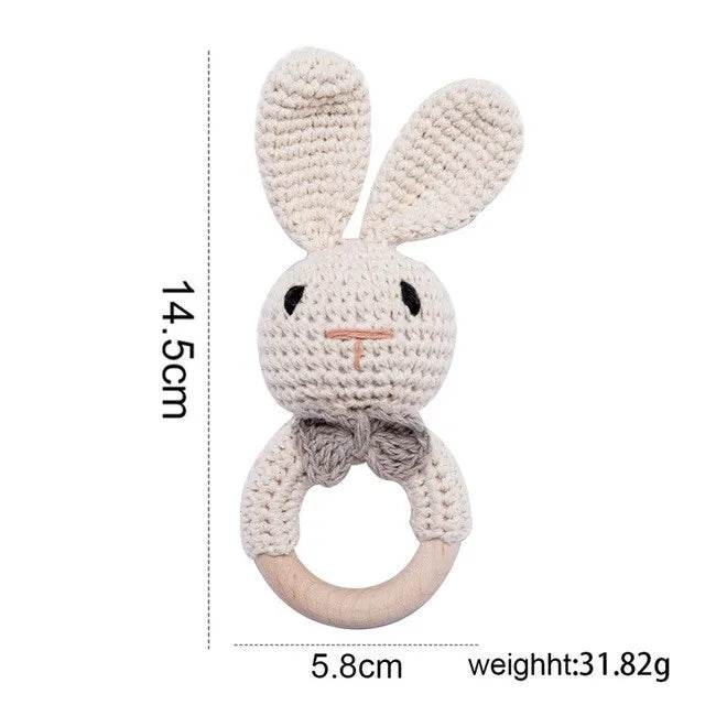 Baby Wooden Teether Rattle – Crochet Animal Newborn Toy - KinBuB