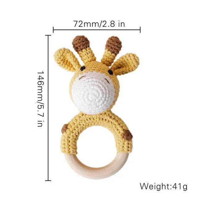 Baby Wooden Teether Rattle – Crochet Animal Newborn Toy - KinBuB