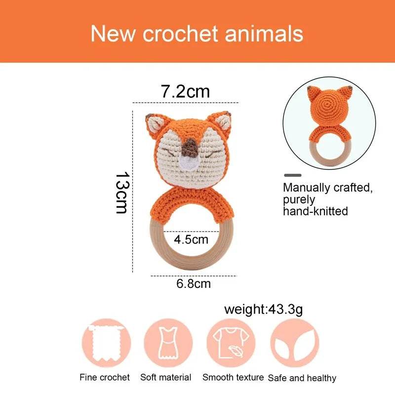 Baby Wooden Teether Rattle – Crochet Animal Newborn Toy - KinBuB