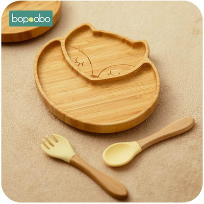 Cartoon Bamboo Baby Dinnerware – Suction Bowl & Utensils Set - KinBuB