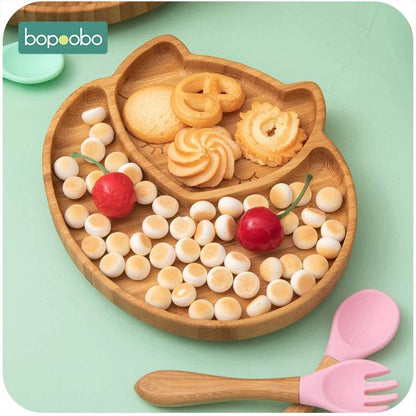 Cartoon Bamboo Baby Dinnerware – Suction Bowl & Utensils Set - KinBuB