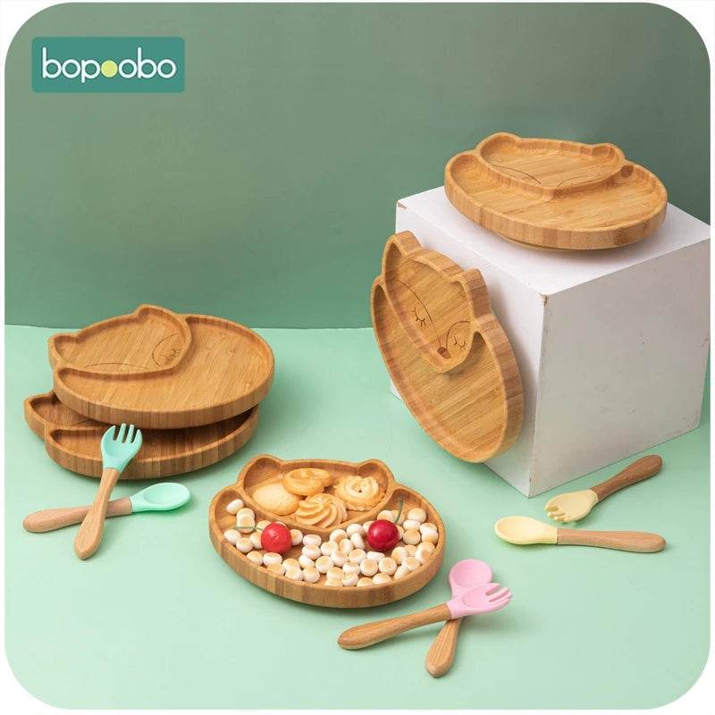Cartoon Bamboo Baby Dinnerware – Suction Bowl & Utensils Set - KinBuB
