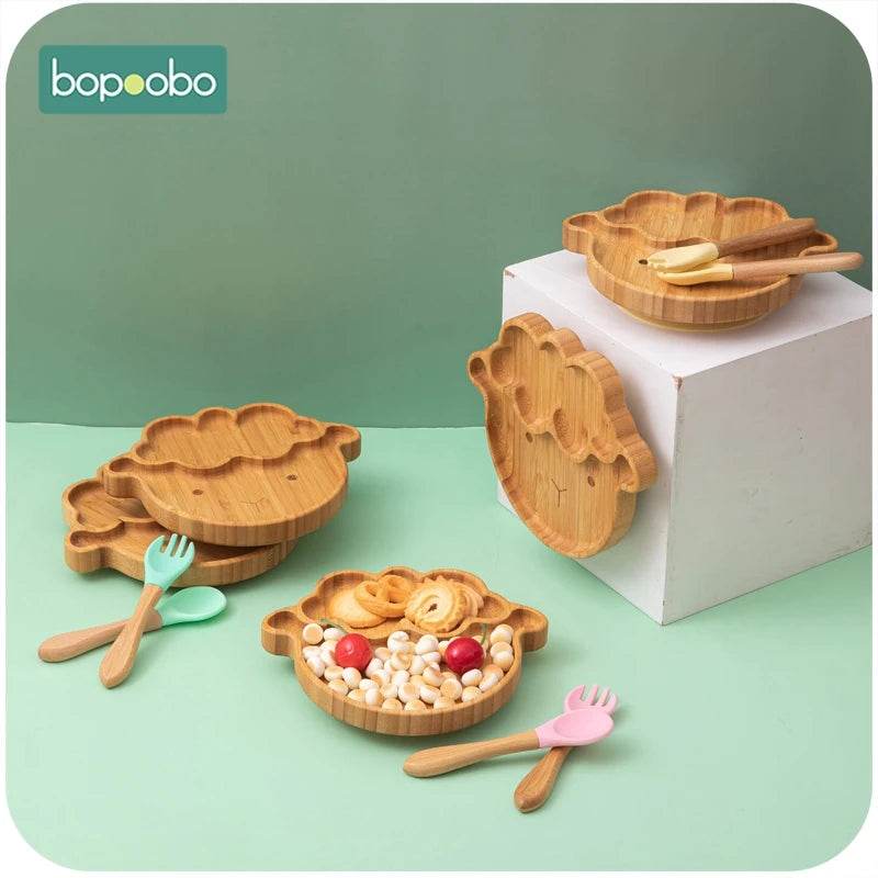 Cartoon Bamboo Baby Dinnerware – Suction Bowl & Utensils Set - KinBuB