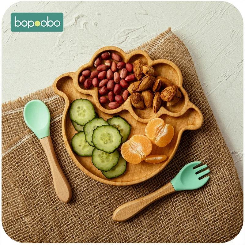 Cartoon Bamboo Baby Dinnerware – Suction Bowl & Utensils Set - KinBuB