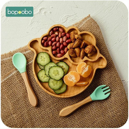 Cartoon Bamboo Baby Dinnerware – Suction Bowl & Utensils Set - KinBuB