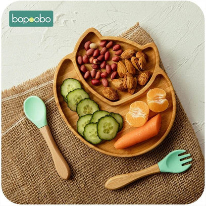 Cartoon Bamboo Baby Dinnerware – Suction Bowl & Utensils Set - KinBuB
