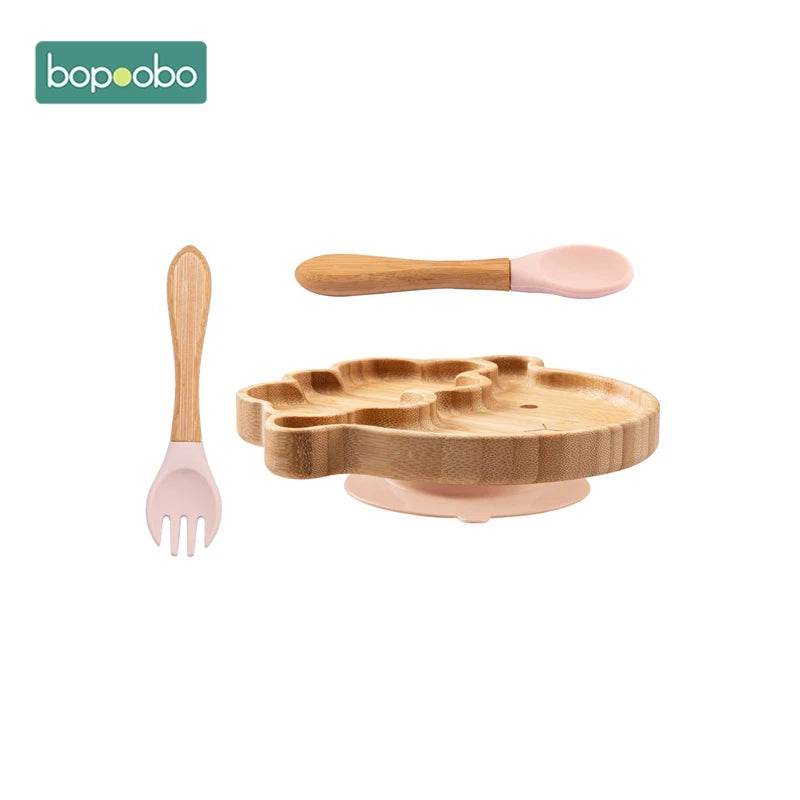 Cartoon Bamboo Baby Dinnerware – Suction Bowl & Utensils Set - KinBuB