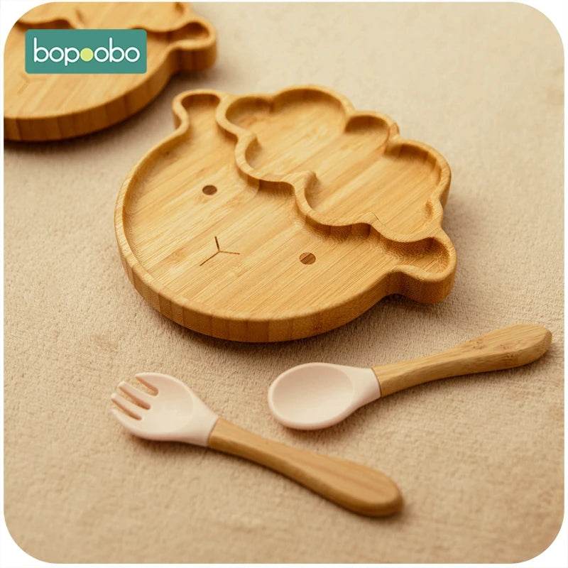Cartoon Bamboo Baby Dinnerware – Suction Bowl & Utensils Set - KinBuB