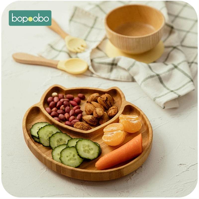 Cartoon Bamboo Baby Dinnerware – Suction Bowl & Utensils Set - KinBuB