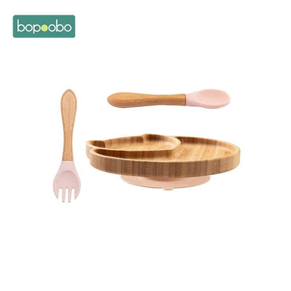 Cartoon Bamboo Baby Dinnerware – Suction Bowl & Utensils Set - KinBuB