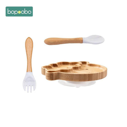 Cartoon Bamboo Baby Dinnerware – Suction Bowl & Utensils Set - KinBuB