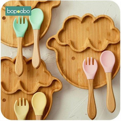 Cartoon Bamboo Baby Dinnerware – Suction Bowl & Utensils Set - KinBuB