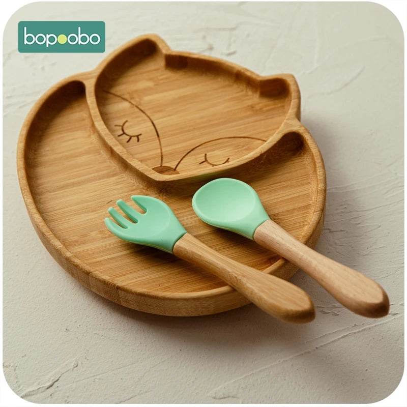 Cartoon Bamboo Baby Dinnerware – Suction Bowl & Utensils Set - KinBuB