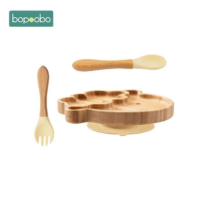 Cartoon Bamboo Baby Dinnerware – Suction Bowl & Utensils Set - KinBuB