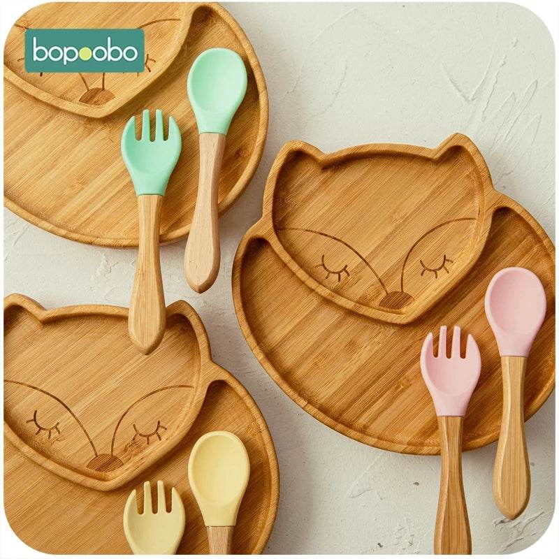 Cartoon Bamboo Baby Dinnerware – Suction Bowl & Utensils Set - KinBuB