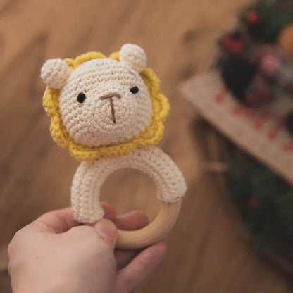 Baby Wooden Teether Rattle – Crochet Animal Newborn Toy - KinBuB