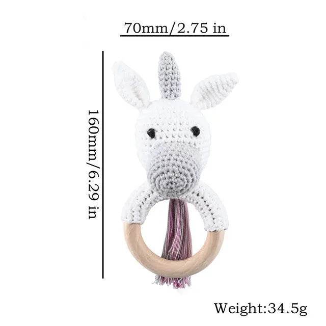 Baby Wooden Teether Rattle – Crochet Animal Newborn Toy - KinBuB
