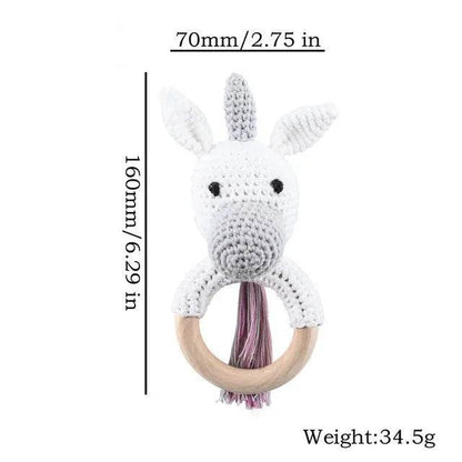 Baby Wooden Teether Rattle – Crochet Animal Newborn Toy - KinBuB
