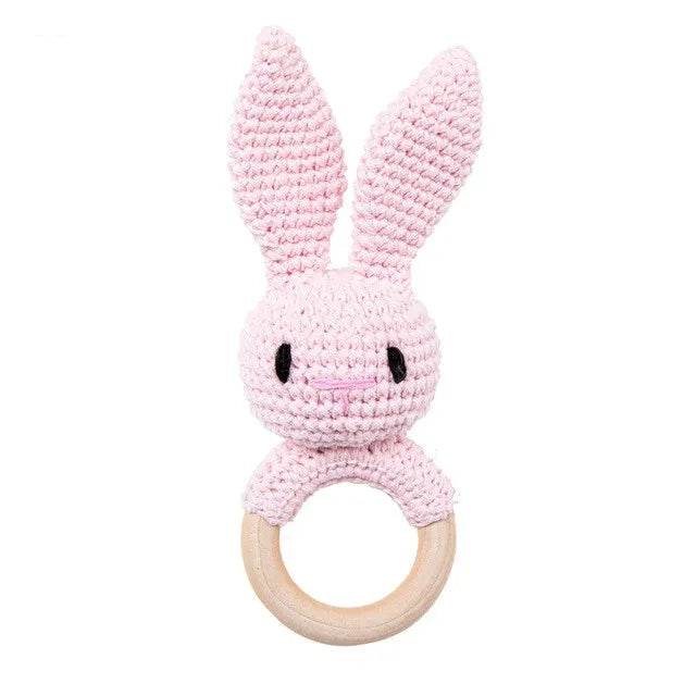 Baby Wooden Teether Rattle – Crochet Animal Newborn Toy - KinBuB
