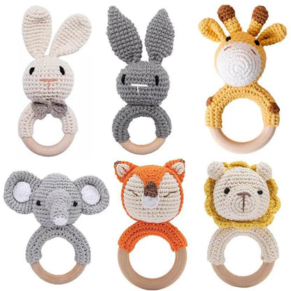 Baby Wooden Teether Rattle – Crochet Animal Newborn Toy - KinBuB