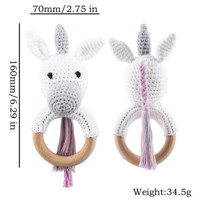 Baby Wooden Teether Rattle – Crochet Animal Newborn Toy - KinBuB