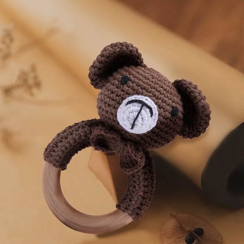 Baby Wooden Teether Rattle – Crochet Animal Newborn Toy - KinBuB