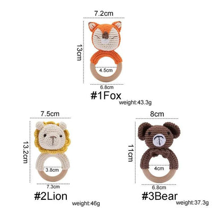 Baby Wooden Teether Rattle – Crochet Animal Newborn Toy - KinBuB