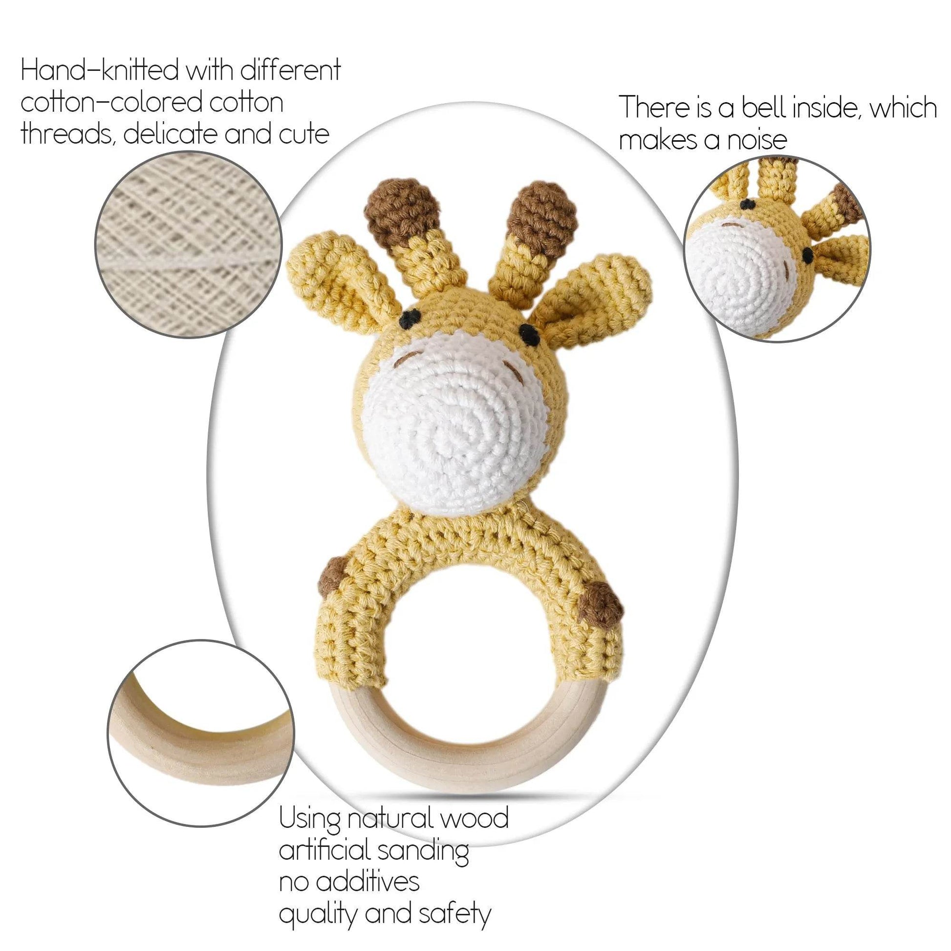 Baby Wooden Teether Rattle – Crochet Animal Newborn Toy - KinBuB