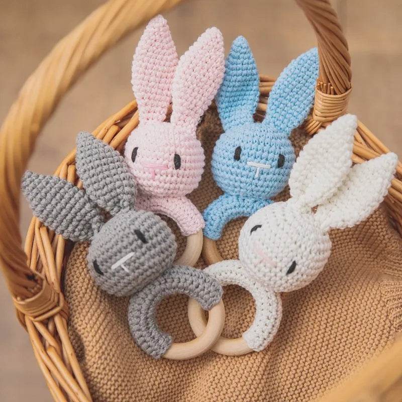 Baby Wooden Teether Rattle – Crochet Animal Newborn Toy - KinBuB