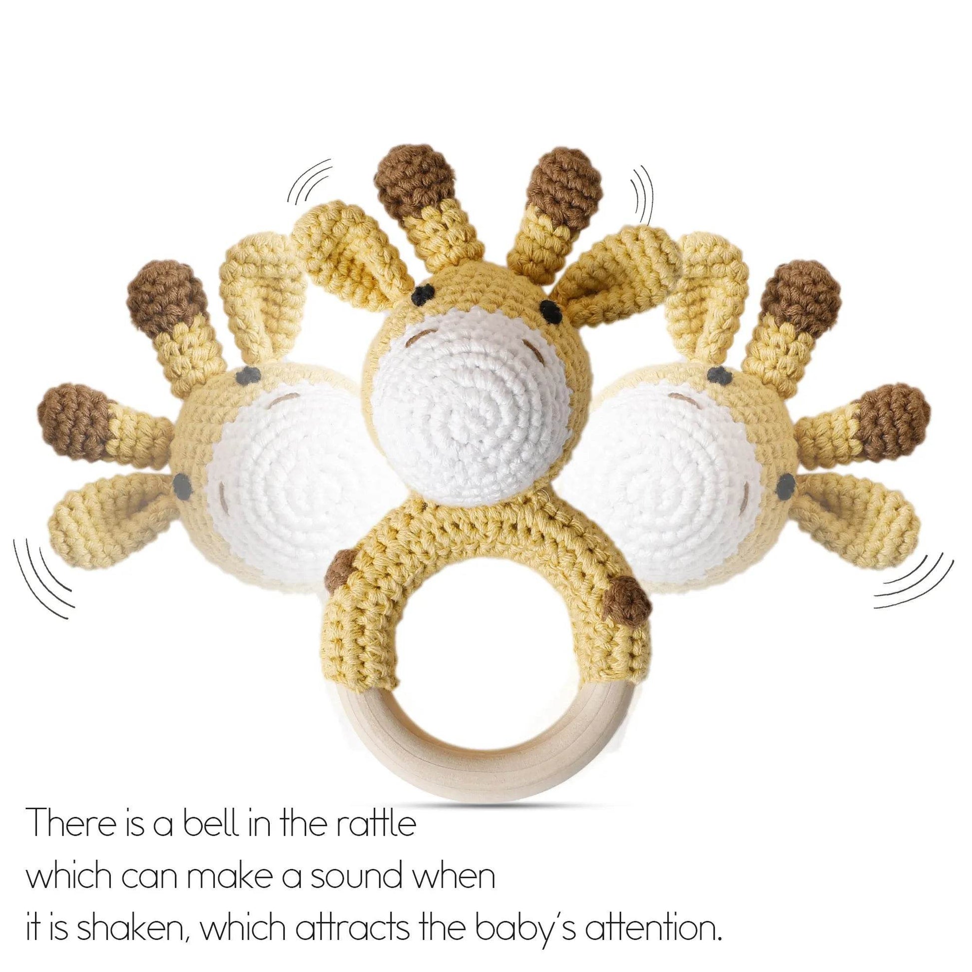 Baby Wooden Teether Rattle – Crochet Animal Newborn Toy - KinBuB